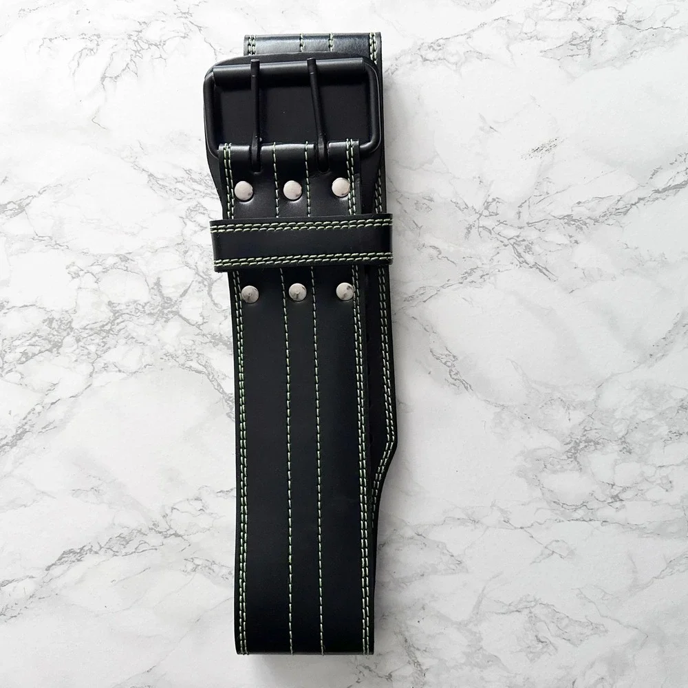 Bear Komplex Black Leather Green Double Prong Weightlifting Belt Size Large